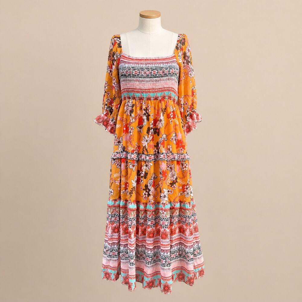Davi & Dani Boho Printed Ruffle Maxi Dress Smocked Bodice Hippie Large Fairy - Picture 9 of 9